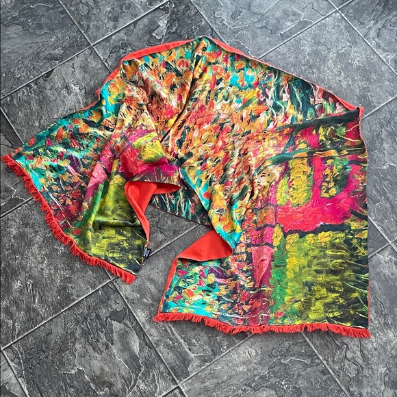 Accessories - 100% Silk Vibrant Multicolour Abstract Scarf Classic Luxury Fringe Boho Chic